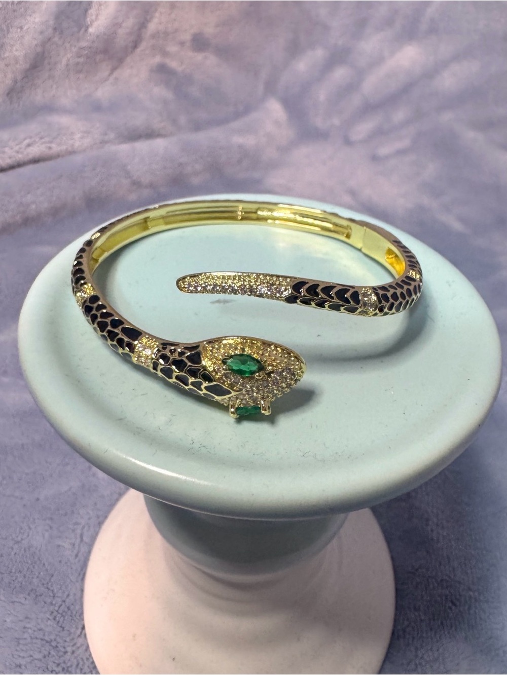 Neiman Marcus Gold Snake-Design Reptile Bracelet with Green Stones